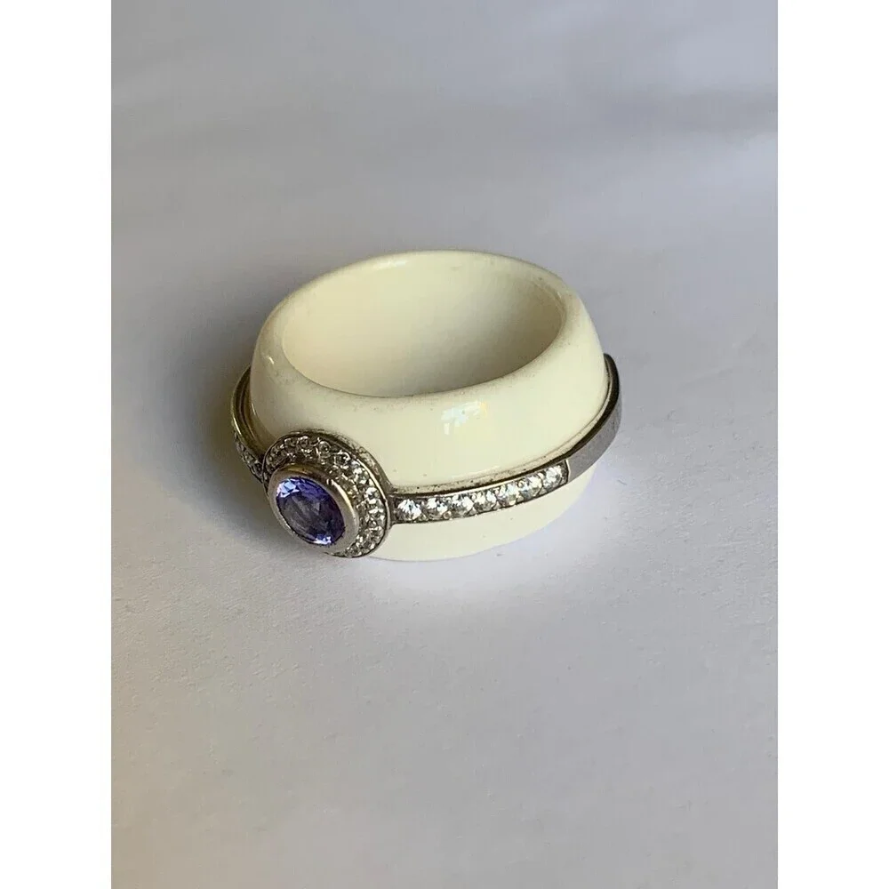Amethyst and White Topaz Ring Size 7 Ceramic .925 Sterling Silver